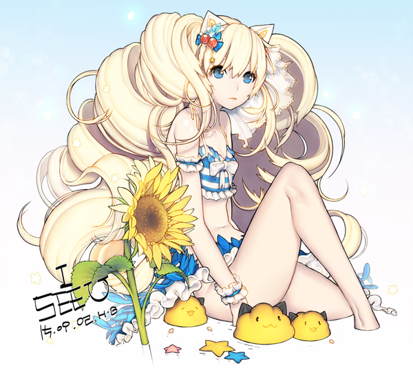 Anime picture 900x823 with vocaloid seeu fungus (vocaloid) honey bee (bancoth) single long hair looking at viewer fringe blue eyes simple background blonde hair sitting signed animal ears bent knee (knees) cat ears character names gradient background dated girl