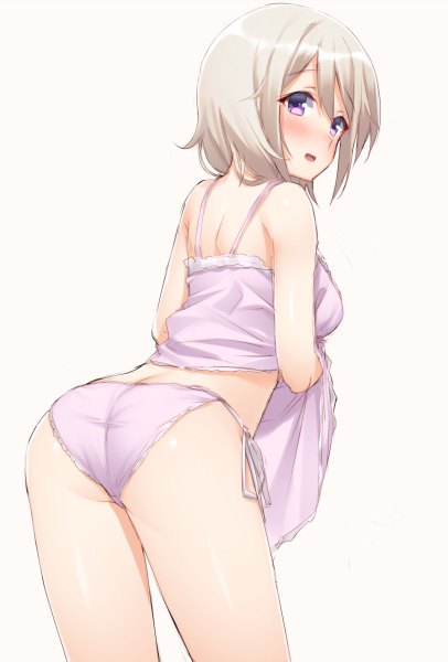 Anime picture 812x1200 with gochuumon wa usagi desu ka? white fox aoyama blue mountain mikazuchi zeus single tall image blush fringe short hair breasts open mouth light erotic simple background standing white background purple eyes bare shoulders silver hair ass looking back
