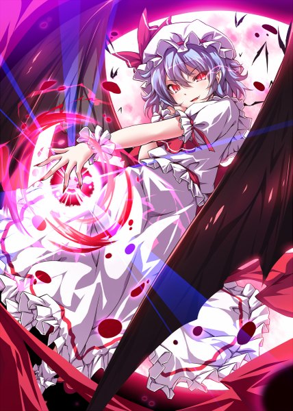 Anime-Bild 857x1200 mit touhou remilia scarlet ugume single tall image looking at viewer fringe short hair red eyes purple hair nail polish parted lips pointy ears short sleeves fang (fangs) outstretched arm magic glowing glowing eye (eyes) flying
