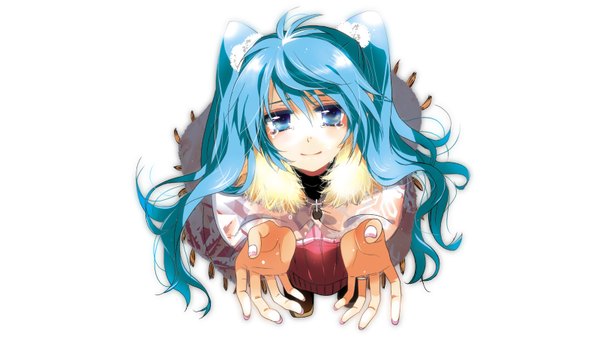 Anime picture 1600x900 with vocaloid hatsune miku marirero a long hair looking at viewer blue eyes simple background wide image white background twintails blue hair tears girl