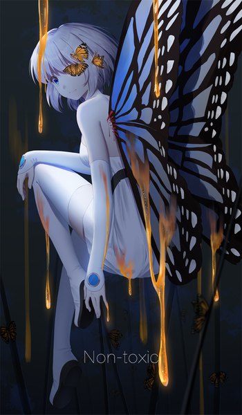 Anime-Bild 850x1455 mit original ji dao ji single tall image looking at viewer fringe short hair breasts blue eyes bare shoulders silver hair full body bent knee (knees) looking back from behind text english insect wings covering eye (eyes) butterfly wings