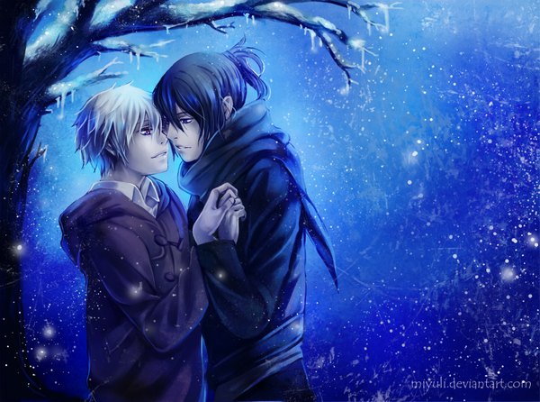 Anime picture 1745x1300 with no.6 studio bones nezumi (no.6) shion (no.6) miyuli highres short hair blue eyes purple eyes blue hair silver hair white hair tail night holding hands snowing winter snow face to face shounen ai