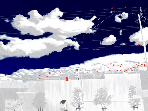 Anime picture 1440x1080 with emukami multiple girls sky cloud (clouds) girl uniform 2 girls plant (plants) school uniform animal tree (trees) bird (birds) moon wire (wires)