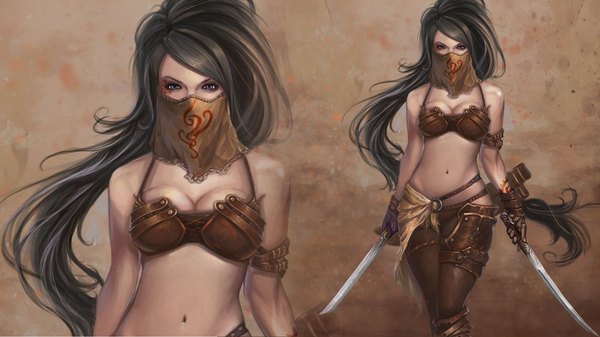 Anime picture 1920x1080 with dragon soul (game) single long hair looking at viewer highres breasts blue eyes black hair wide image standing bare shoulders holding midriff dual wielding girl navel weapon sword katana