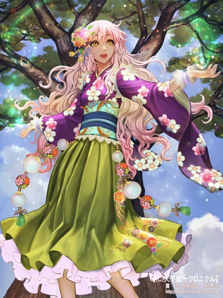 Anime picture 744x992 with original xiaji single long hair tall image open mouth yellow eyes white hair traditional clothes japanese clothes hair flower girl hair ornament flower (flowers) plant (plants) tree (trees) kimono