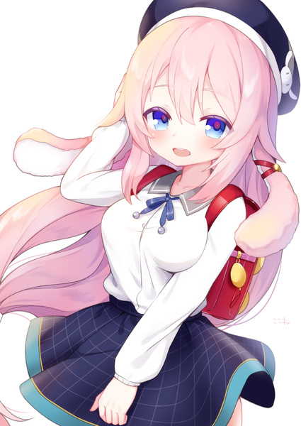 Anime picture 878x1239 with azur lane i-25 (coral reef bunny) (azur lane) i-25 (azur lane) kokone (coconeeeco) single long hair tall image looking at viewer blush fringe breasts open mouth blue eyes simple background smile hair between eyes standing white background animal ears payot