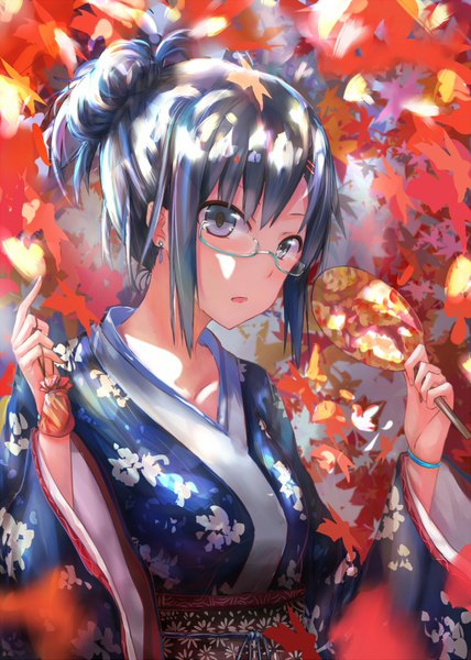 Anime picture 1200x1683 with original echj single tall image looking at viewer short hair traditional clothes japanese clothes grey hair blurry grey eyes hair bun (hair buns) girl earrings glasses leaf (leaves) obi bobby pin fan yukata