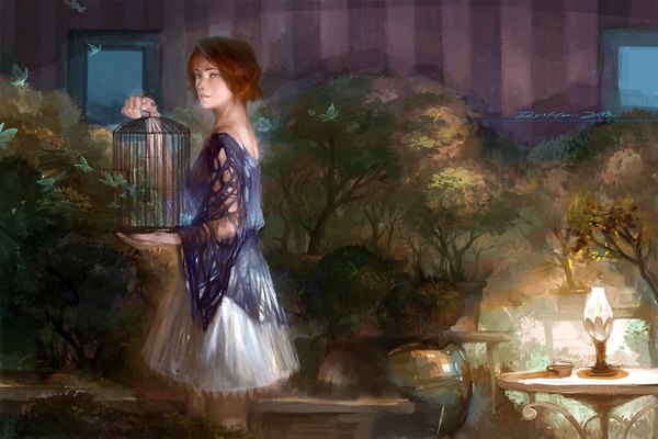 Anime picture 1920x1282 with original ultramarine single highres short hair blue eyes brown hair inscription mole mole under eye striped girl dress plant (plants) tree (trees) insect butterfly lamp picture cage