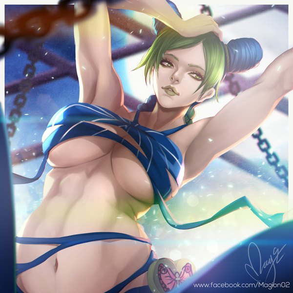 Anime picture 900x900 with jojo no kimyou na bouken kujo jolyne magion02 single long hair breasts light erotic large breasts standing bare shoulders green eyes blue hair braid (braids) multicolored hair green hair realistic two-tone hair bare belly from below armpit (armpits)