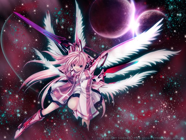 Anime picture 1280x960 with original tateha (marvelous grace) single long hair fringe pink hair bent knee (knees) flying third-party edit angel mechanical wings multiple wings attack girl weapon sword wings star (stars) knee boots planet