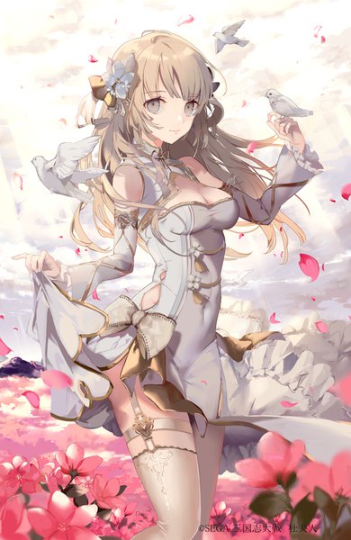 Anime picture 600x923 with sangokushi taisen yukisame single long hair tall image looking at viewer fringe breasts blonde hair smile standing bare shoulders brown eyes cleavage outdoors blunt bangs arm up hair flower wind sunlight