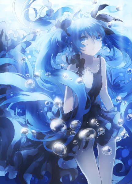 Anime picture 740x1030 with vocaloid shinkai shoujo (vocaloid) hatsune miku domik single tall image looking at viewer open mouth blue eyes twintails blue hair very long hair underwater girl dress ribbon (ribbons) hair ribbon frills sundress bubble (bubbles)