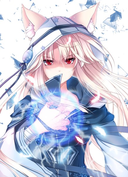 Anime picture 800x1100 with original aque shen lei single long hair tall image looking at viewer blonde hair red eyes animal ears white hair girl hood