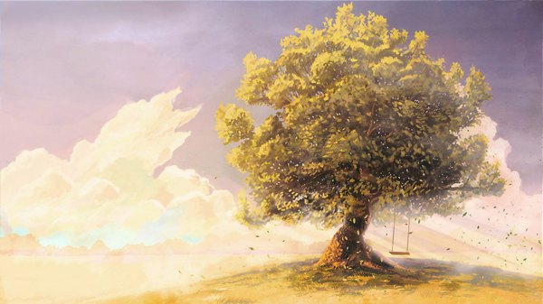 Anime picture 1920x1080 with original arsenixc highres wide image sky cloud (clouds) wind sunlight no people landscape sunbeam plant (plants) tree (trees) leaf (leaves) grass swing