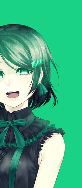 Anime picture 1400x3200 with love live! school idol project sunrise (studio) love live! koizumi hanayo sizuka (takuma0) single tall image looking at viewer short hair open mouth black hair simple background green eyes upper body green background girl dress hair ornament earrings frills