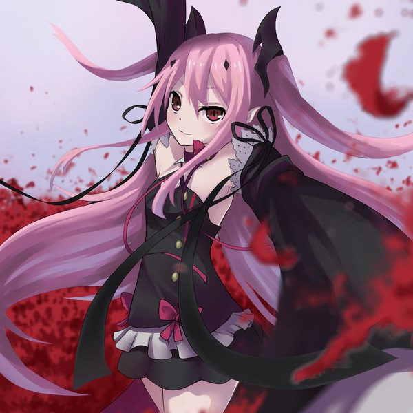 Anime picture 1181x1181 with owari no seraph wit studio kururu tepes taira (pixiv9613131) single long hair looking at viewer blush fringe simple background smile hair between eyes red eyes pink hair arm up wind wide sleeves two side up outstretched arm pink background