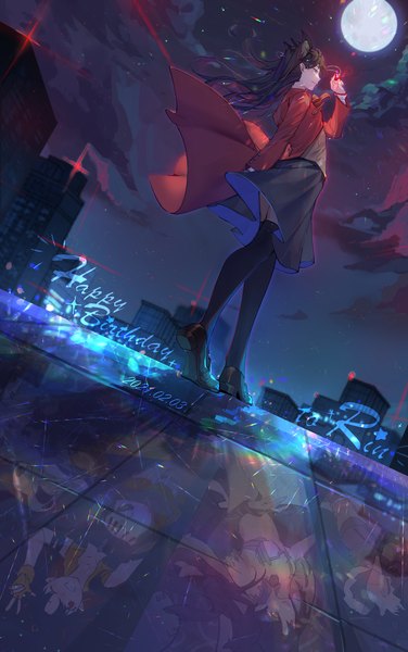 Anime picture 2774x4430 with fate (series) fate/stay night toosaka rin kotatsu kaya single long hair tall image highres black hair standing looking away outdoors profile wind night from below night sky character names reflection happy birthday