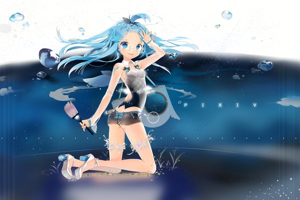 Anime picture 2203x1471 with original pixiv-tan anmi single long hair looking at viewer highres open mouth blue eyes light erotic blue hair ass looking back inscription high heels kneeling girl flower (flowers) bow wings