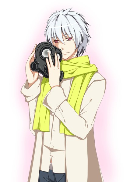 Anime picture 1200x1600 with dramatical murder nitro+chiral clear (dmmd) mibu (1064493753) single tall image short hair simple background red eyes white background silver hair light smile albino boy scarf gas mask