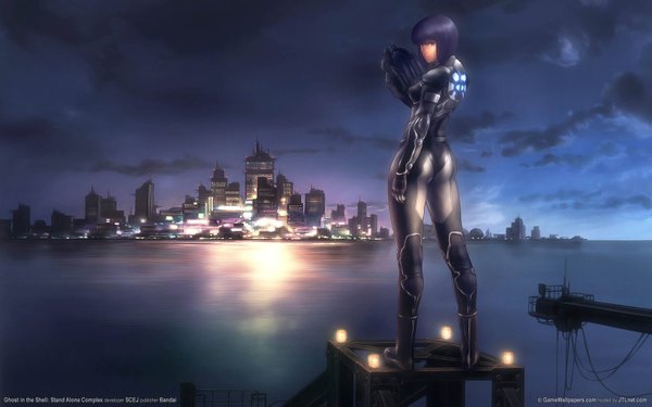Anime picture 1680x1050 with ghost in the shell ghost in the shell: stand alone complex production i.g kusanagi motoko single looking at viewer short hair breasts red eyes wide image standing sky purple hair cloud (clouds) full body ass looking back night wallpaper night sky