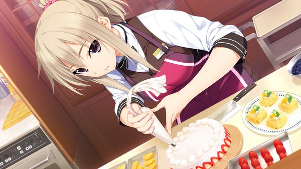 Anime picture 1280x720 with niizuma lovely x cation naruse nono iizuki tasuku single long hair fringe blonde hair wide image purple eyes payot game cg cooking girl uniform food sweets apron berry (berries) cake strawberry