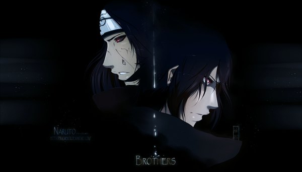 Anime picture 1680x955 with naruto studio pierrot naruto (series) uchiha sasuke uchiha itachi ifragmentix short hair black hair red eyes wide image profile inscription coloring akatsuki sharingan boy star (stars) cloak bandana