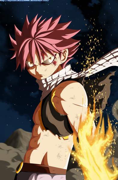 Anime picture 1312x2000 with fairy tail natsu dragneel the-danstyle-art single tall image short hair pink hair cloud (clouds) night orange eyes night sky sleeveless coloring torn clothes magic mountain muscle angry dust boy