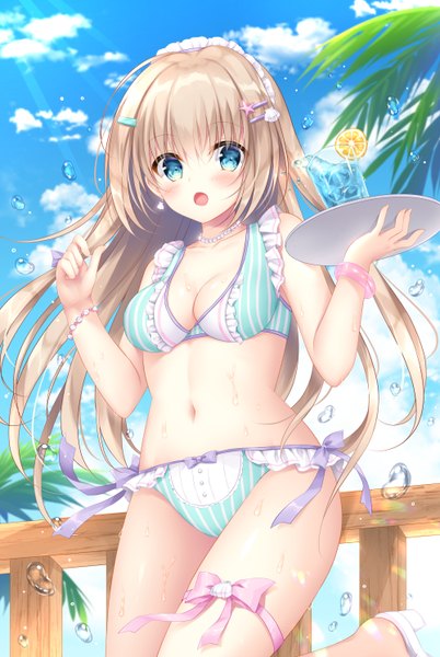 Anime-Bild 1000x1490 mit original kohinata hoshimi single long hair tall image looking at viewer blush fringe breasts open mouth blue eyes light erotic blonde hair standing holding payot sky cloud (clouds) outdoors sunlight