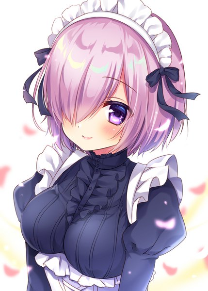 Anime picture 750x1049 with fate (series) fate/grand order mash kyrielight mitsuba choco single tall image looking at viewer blush fringe short hair smile white background purple eyes pink hair upper body hair over one eye maid maid day girl uniform