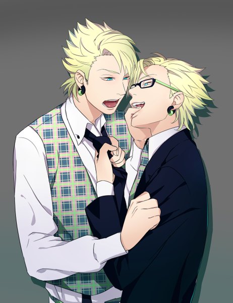 Anime picture 1000x1299 with dramatical murder pixiv nitro+chiral trip (dramatical murder) virus (dramatical murder) ro-ts tall image short hair open mouth blonde hair aqua eyes grey background multiple boys piercing twins shounen ai plaid spiked hair finger in mouth necktie grab