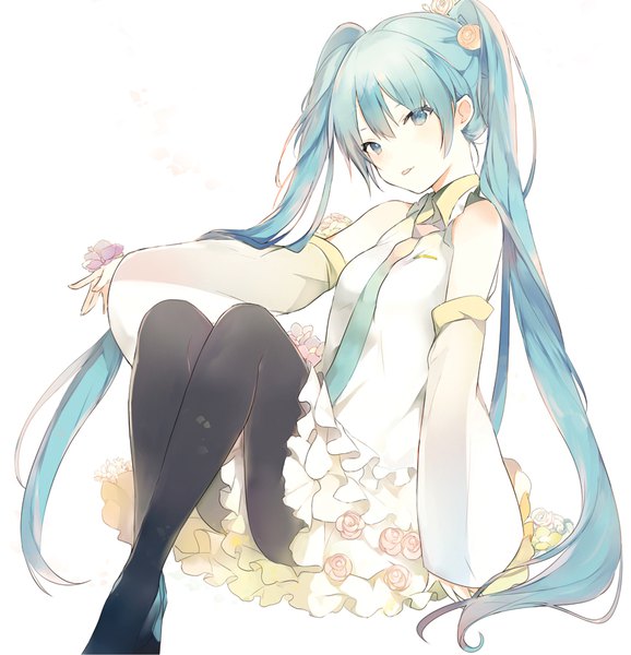 イラスト 850x882 と ボーカロイド 初音ミク lpip ソロ 長身像 カメラ目線 赤面 前髪 simple background hair between eyes 白背景 座る ツインテール 肩出し very long hair hair flower aqua eyes aqua hair frilly skirt 女の子