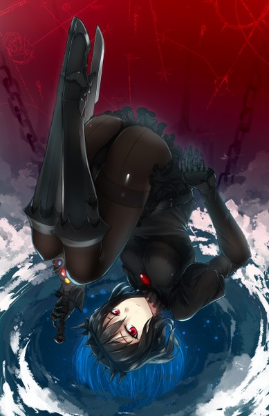 Anime picture 1600x2467 with original swordwaltz single tall image looking at viewer short hair light erotic black hair red eyes ass pantyshot puffy sleeves upside down girl skirt gloves underwear panties weapon miniskirt