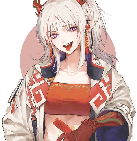 Anime picture 1247x1280 with arknights nian (arknights) crimsonknigh t single long hair tall image looking at viewer purple eyes upper body white hair horn (horns) pointy ears open jacket girl jacket tongue crop top
