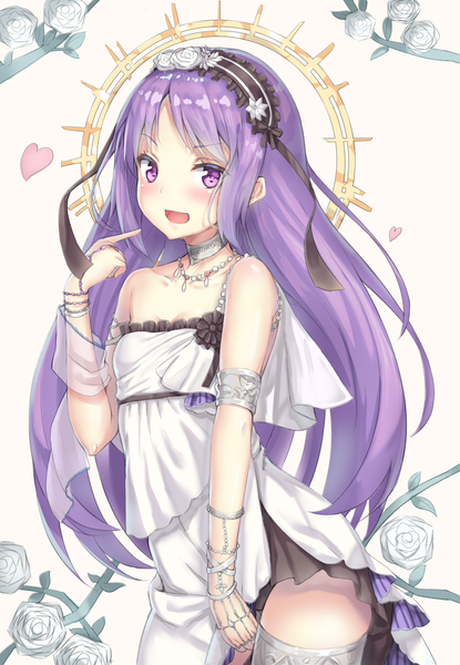 Anime picture 1039x1500 with fate (series) fate/hollow ataraxia euryale (fate) reinama single long hair tall image looking at viewer blush open mouth light erotic purple eyes purple hair :d alternate hairstyle pointing girl dress flower (flowers) choker