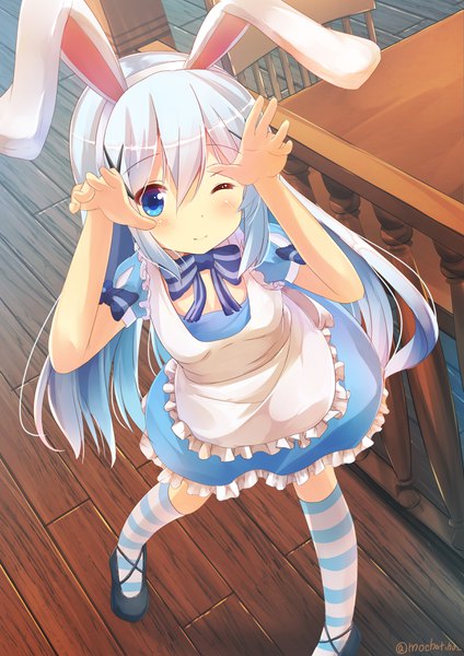 Anime picture 2480x3508 with gochuumon wa usagi desu ka? white fox kafuu chino chinomaron single long hair tall image looking at viewer blush highres blue eyes smile signed animal ears silver hair one eye closed from above wink bunny ears puffy sleeves