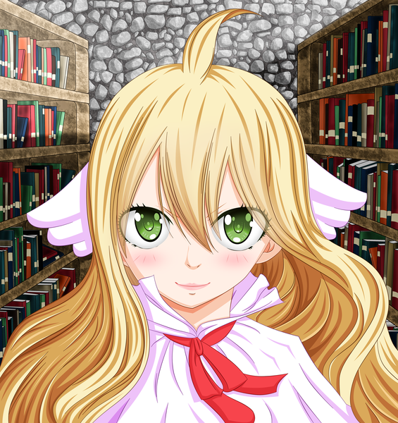 Anime picture 4800x5100 with fairy tail mavis vermillion osama00 single long hair tall image blush highres blonde hair smile green eyes absurdres ahoge lips loli coloring portrait head wings girl dress
