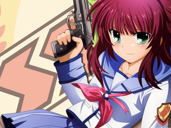 Anime picture 1280x960 with angel beats! key (studio) nakamura yuri single long hair blush smile green eyes red hair girl uniform weapon school uniform hairband gun sailor suit pistol