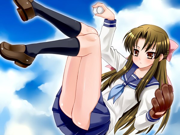 Anime picture 1200x900 with taishou yakyuu musume ogasawara akiko akito (ao's club) light erotic brown hair brown eyes baseball uniform school uniform socks serafuku shoes black socks knee socks loafers baseball mitt