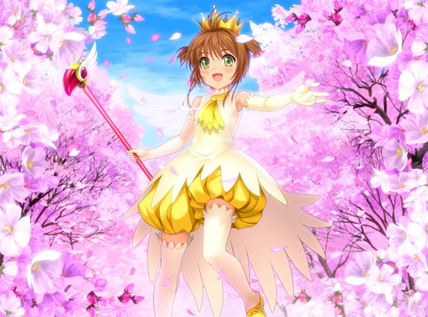 Anime picture 1346x1000 with card captor sakura clamp kinomoto sakura mutsuki (moonknives) blush short hair open mouth brown hair green eyes two side up cherry blossoms girl thighhighs dress gloves flower (flowers) plant (plants) petals white thighhighs tree (trees)