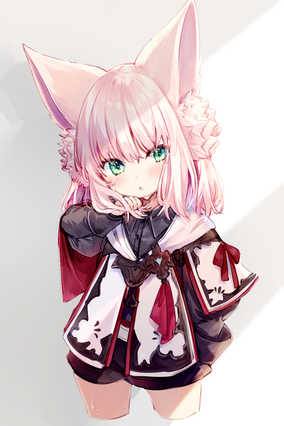 Anime picture 1000x1500 with final fantasy final fantasy xiv square enix lalafell yuya (night lily) single tall image looking at viewer blush fringe short hair open mouth simple background hair between eyes green eyes animal ears pink hair upper body head tilt :o
