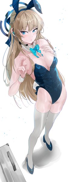 Anime-Bild 2166x5606 mit blue archive toki (blue archive) toki (bunny) (blue archive) nn11 single long hair tall image blush fringe highres breasts blue eyes light erotic simple background blonde hair standing white background bare shoulders animal ears looking away
