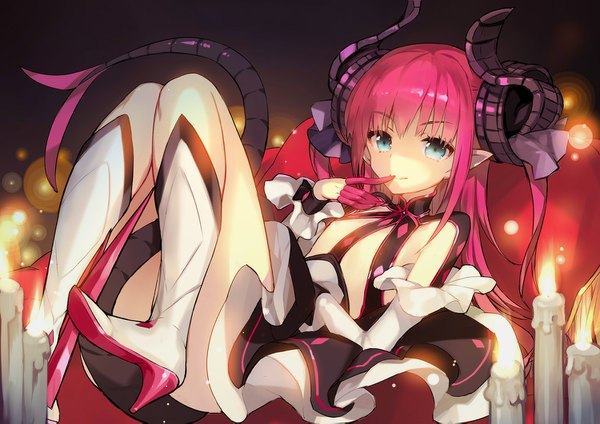 Anime picture 1500x1061 with fate (series) fate/extra fate/extra ccc elizabeth bathory (fate) (all) elizabeth bathory (fate) gin (oyoyo) single long hair looking at viewer fringe blue eyes light erotic smile payot pink hair tail lying pointy ears on back high heels