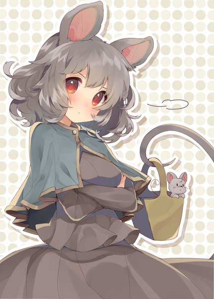 Anime picture 1149x1600 with touhou nazrin usamata single tall image looking at viewer short hair red eyes holding animal ears tail long sleeves animal tail grey hair crossed arms polka dot polka dot background outline mouse ears mouse tail
