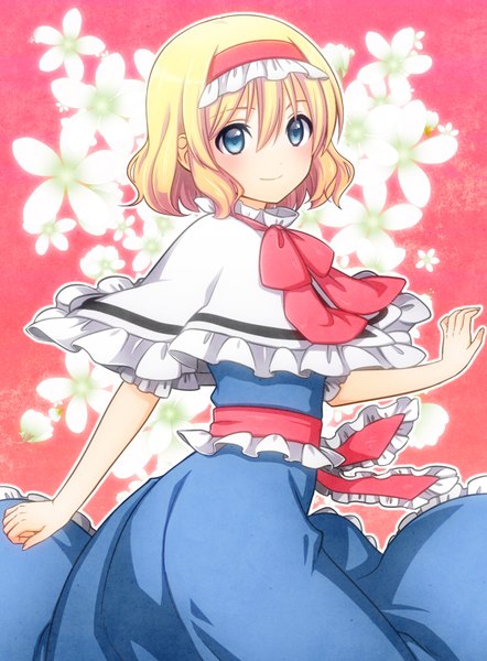 Anime picture 627x850 with touhou alice margatroid irino single tall image blush fringe short hair blue eyes blonde hair smile hair between eyes looking back floral background girl hairband
