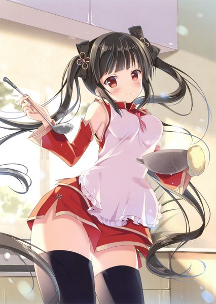 Anime picture 2483x3500 with original hanahanamaki single tall image looking at viewer blush highres black hair red eyes twintails very long hair scan official art cooking girl thighhighs bow black thighhighs hair bow apron