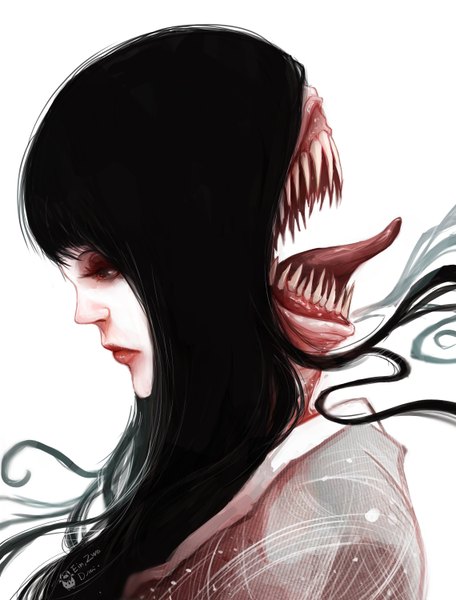 Anime picture 2280x2999 with original futakuchi-onna mrredbutcher single long hair tall image fringe highres open mouth black hair white background brown eyes signed traditional clothes japanese clothes profile teeth lipstick portrait eyeshadow
