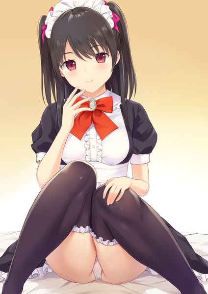 Anime picture 1000x1414 with original n.g. single long hair tall image looking at viewer blush fringe breasts light erotic black hair simple background smile hair between eyes red eyes sitting yellow eyes short sleeves maid two side up