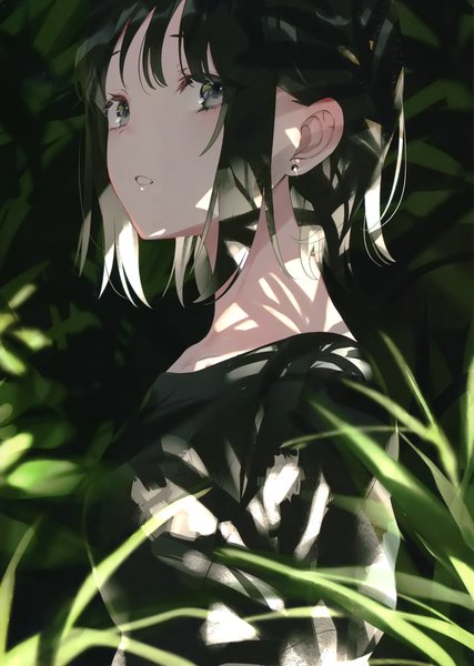 Anime picture 2099x2952 with original achiki single tall image looking at viewer fringe highres short hair standing payot upper body parted lips green hair scan grey eyes girl plant (plants) earrings stud earrings
