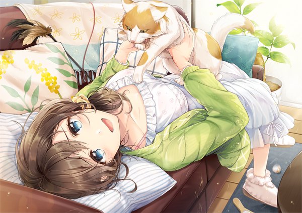 Anime picture 1100x778 with original mono lith single long hair looking at viewer blush fringe breasts open mouth blue eyes hair between eyes brown hair holding full body bent knee (knees) indoors lying :d sunlight on back