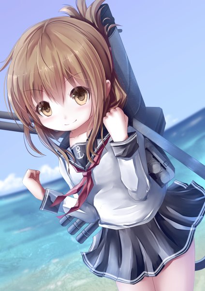 Anime picture 1158x1637 with kantai collection inazuma destroyer missle228 single long hair tall image looking at viewer blush smile brown hair brown eyes girl skirt weapon miniskirt sea gun sailor suit